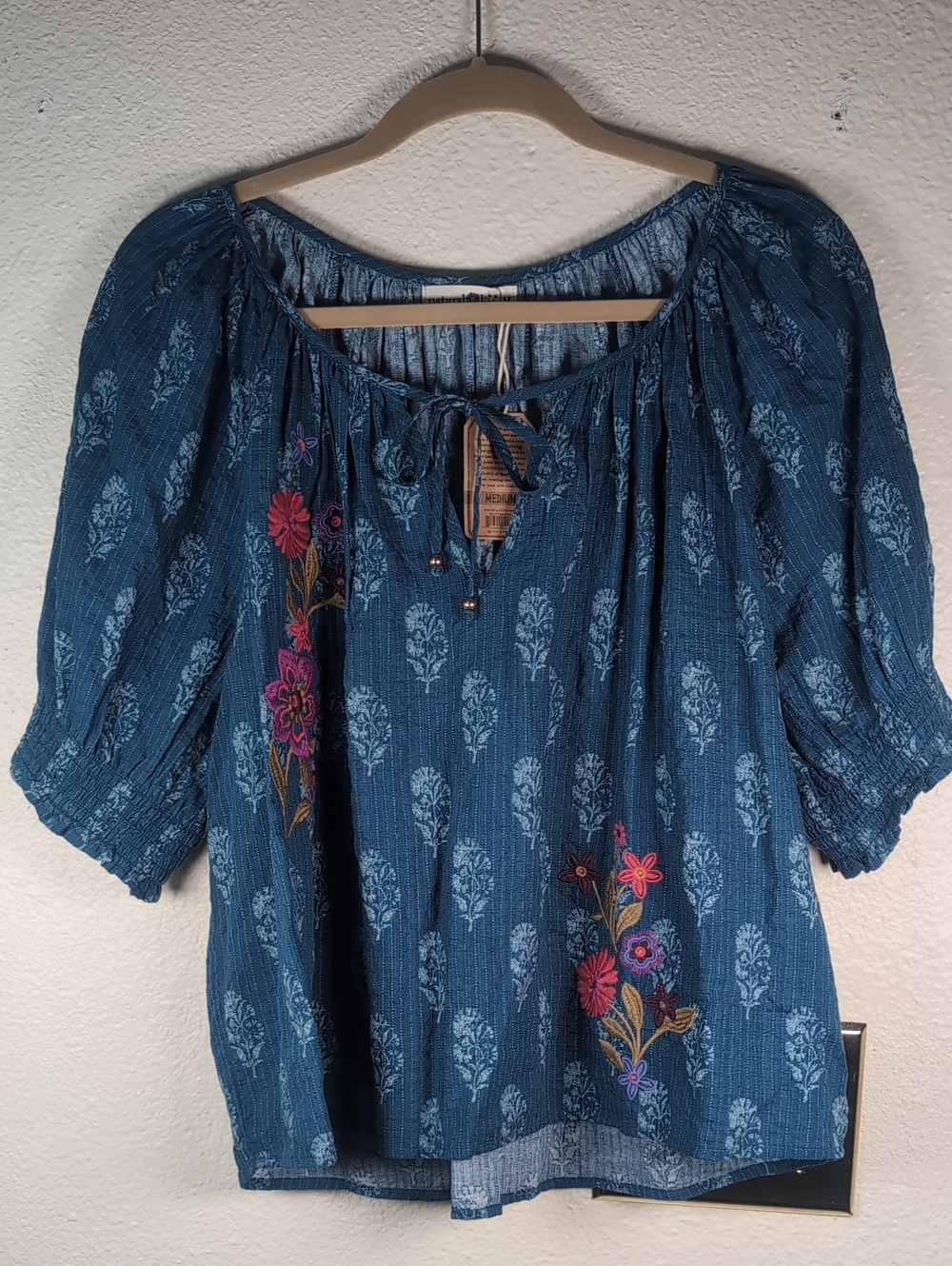 Natural Life Camille Top in Block Stamp Indigo Embroidery NWT